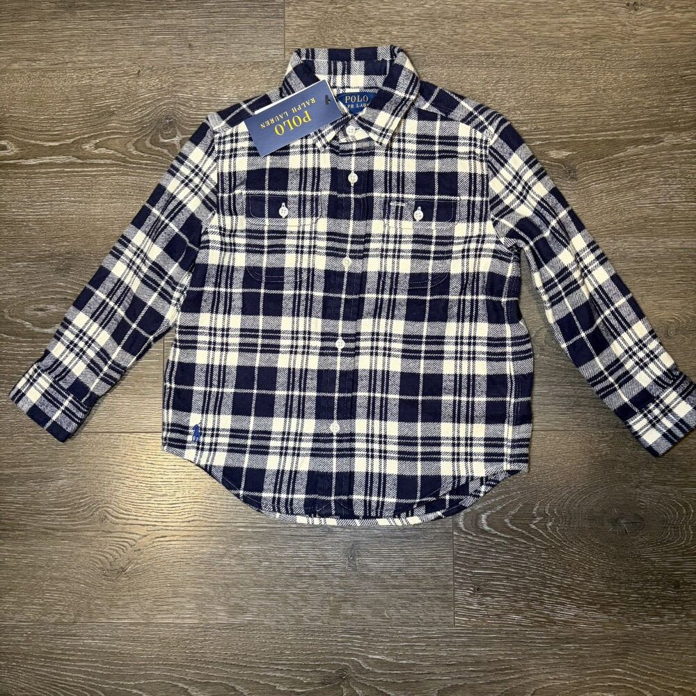 NEW Polo Ralph Lauren Kids 3T Navy Blue Plaid Button Down Shirt Long Sleeve NWT